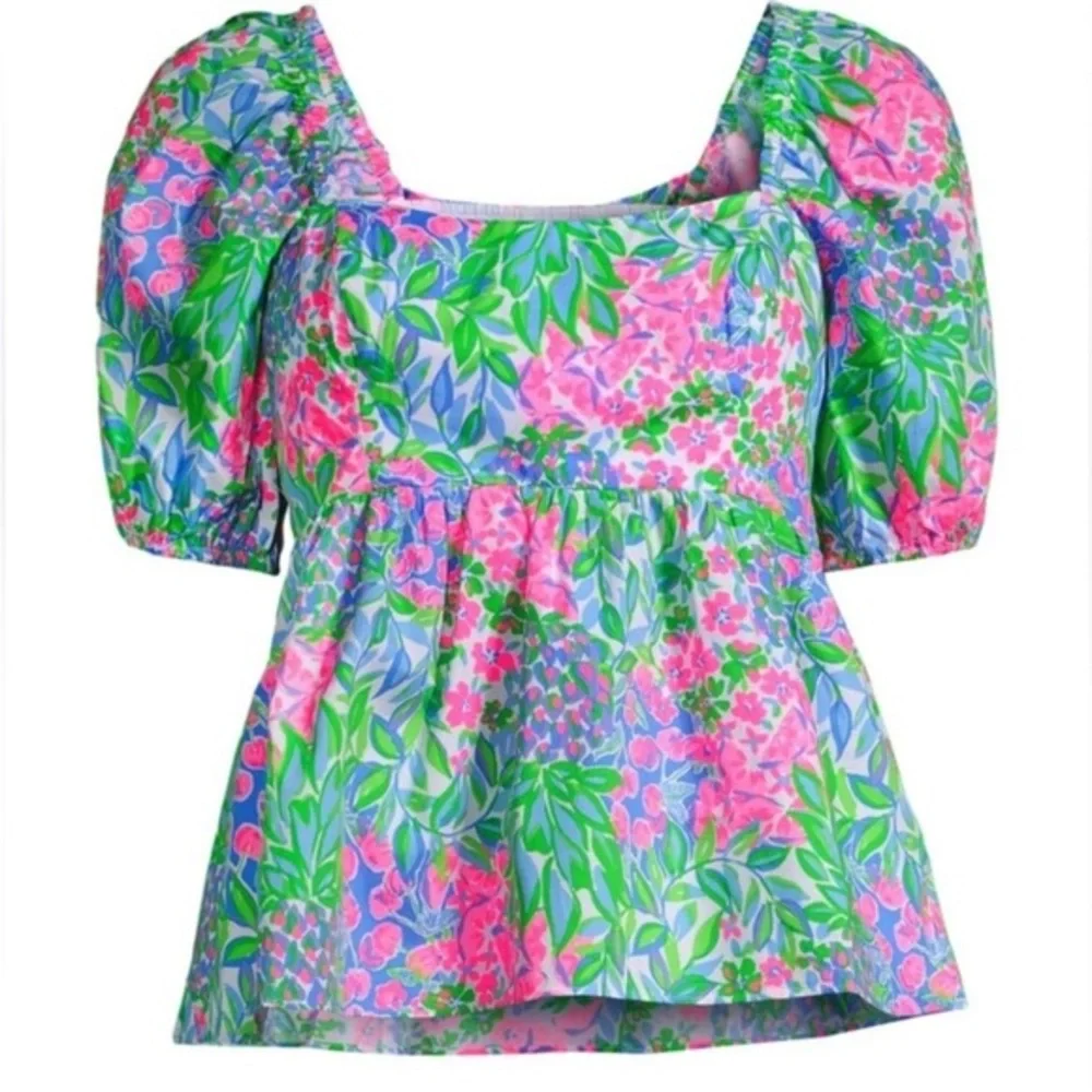 Lilly‎ Pulitzer Kay Short Sleeve Cotton Top A Cherry on Top Puff Sleeves NWT 14